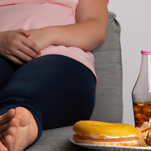 תמונה שבה נראית אישה עייפה יושבת על ספה, ולצדה צלחת ג'אנק פוד, המייצגת עייפות ועלייה במשקל